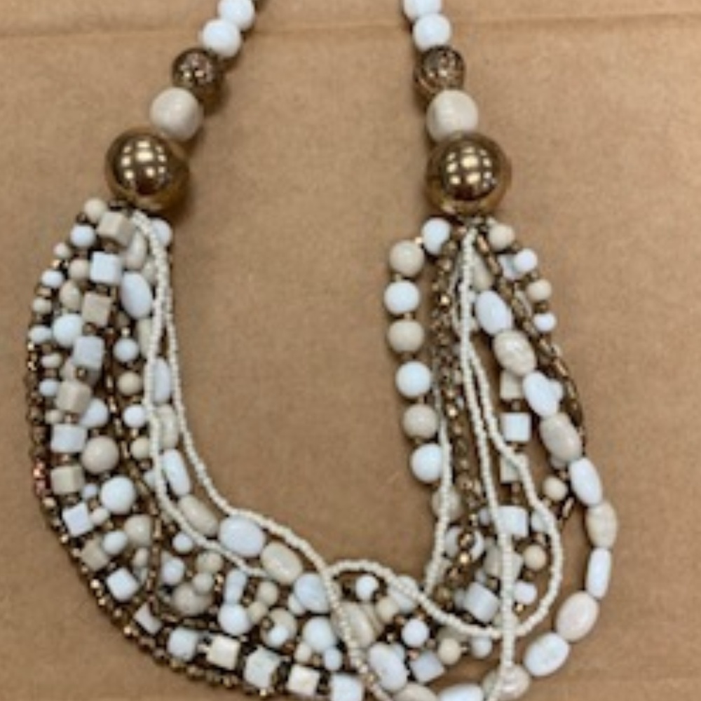 10 Strand Beaded Necklace (White, and Gold)